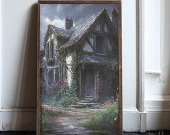 May include: A framed print of a quaint cottage, with a weathered appearance. The cottage is covered in vines and flowers, with a stone path leading to the front door. The artwork has a rustic, vintage aesthetic.