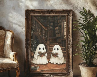 Fantasmas vintage na arte de parede da biblioteca, decoração para amantes de livros, pôster de Cottagecore mal-humorado, impressão fofa e aconchegante de Halloween, presente assustador, impresso e enviado