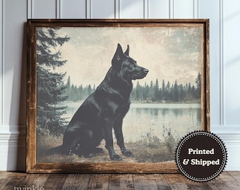 German Shepherd Art Print, Moody Nature Poster, Dog Mom Gift, Dark Academia Painting, Vintage Lakehouse Cabin Decor, Printed and Shipped