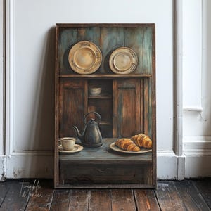 French Breakfast Kitchen Poster, Farmhouse Decor, Vintage Still Life Painting, Moody Wall Art, Country Cottage Print, Printed and Shipped