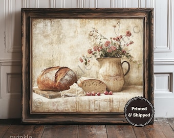 Country Kitchen Wall Art, Farmhouse Home Decor, Vintage Floral Poster, Still Life Print, Rustic Sourdough Painting, Printed and Shipped
