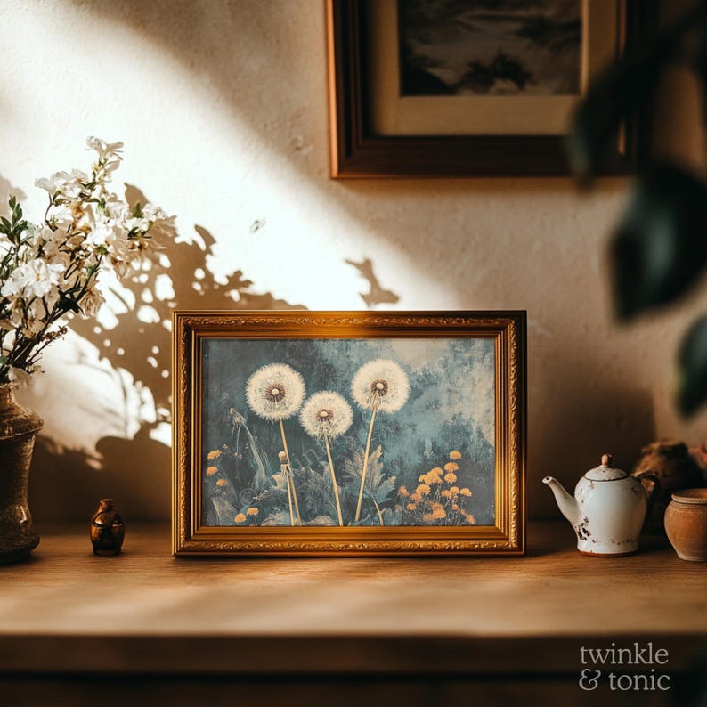 Vintage Dandelion Poster, Rustic Wildflower Art, Dark Academia Painting ...