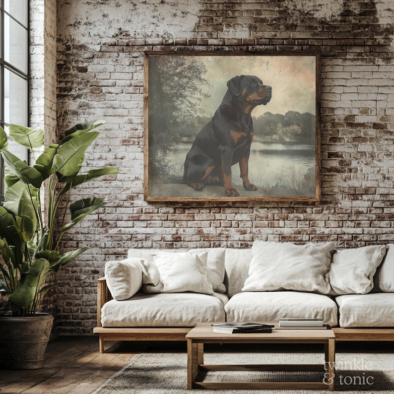 May include: A framed artwork featuring a Rottweiler dog sitting by a lake. The dog is black and tan, with a focused gaze. The artwork is set against a backdrop of a serene landscape with trees and water. The frame is made of wood, and the artwork is displayed on a brick wall.
