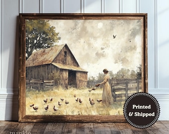 Vintage print kippen, decor antieke boerderij, humeurige poster Cottagecore, rustieke schuurkunst, landschapsschildering, gedrukt en verzonden