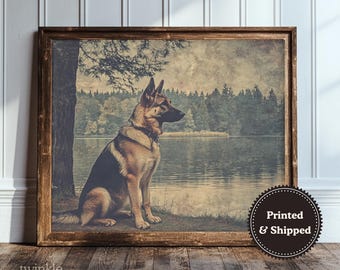 German Shepherd Art Print, Moody Nature Poster, Dog Mom Gift, Dark Academia Painting, Vintage Lakehouse Cabin Decor, Printed and Shipped