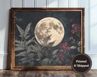 impression pleine lune vintage, peinture ciel étoilé, décor académique sombre, art cosmique rustique, affiche botanique lunatique, imprimé et expédié