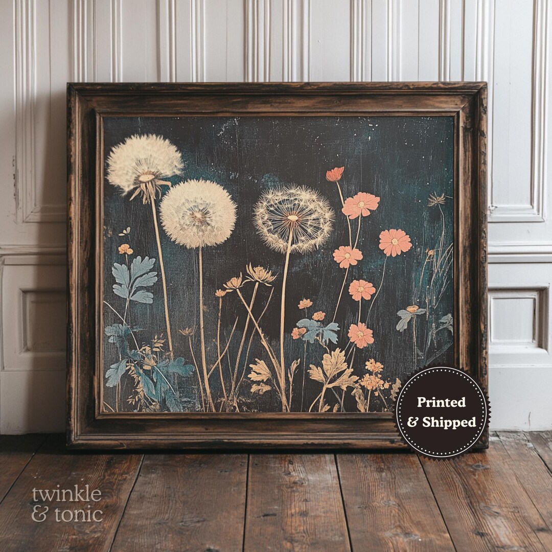 Vintage Dandelion Poster, Rustic Wildflower Art, Dark Academia Painting ...