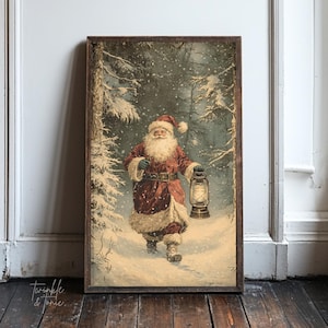 Vintage Santa Claus Wall Print, Winter Forest Art Print, Cozy Christmas Decor Rustic Holiday Decor Moody Christmas Print Printed and Shipped