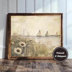 Vintage Sailboat Painting, Nautical Art, Coastal Ship Print, Antique Lake House Seascape Decor, Neutral Ocean Poster, Printed and Shipped