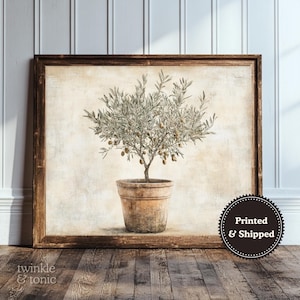 Peut inclure: Impression encadrée d'un olivier dans un pot en terre cuite. L'œuvre a une esthétique vintage avec une palette de couleurs neutres. L'impression est affichée sur une surface en bois, avec le texte "twinkle & tonic" en bas à gauche.