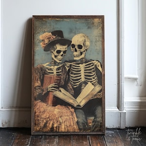 Vintage Skeleton Couple Reading Wall Art, Dark Academia Home Decor, Moody Creepy Poster, Rustic Halloween Print, Printed and Shipped