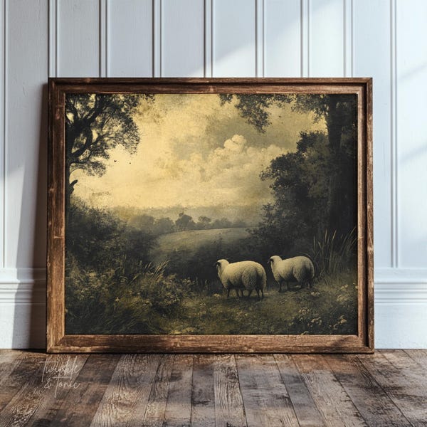 Vintage Sheep Pastoral Print, Rustic Nursery Wall Art, Dark Academia Painting, Antique Cottagecore Decor, Moody Poster, Printed and Shipped