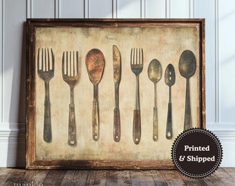 Moody Kitchen Wall Art, Farmhouse Home Decor, Vintage Utensils Poster, Dark Still Life Print, Rustic Country Painting, Printed and Shipped