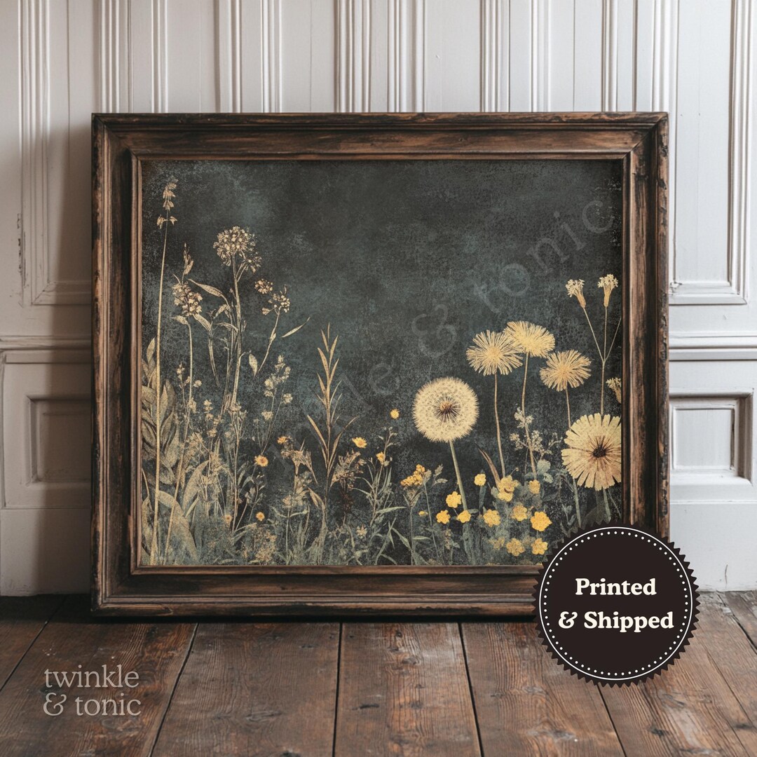 Vintage Dandelion Poster, Rustic Wildflower Art, Dark Academia Painting ...