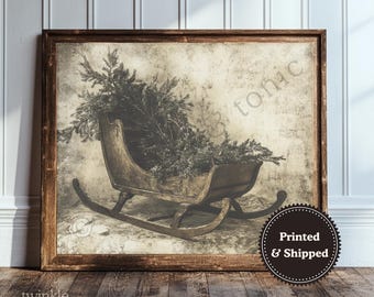 Kerstslee schilderij, rustieke boerderij kunst aan de muur, humeurige vakantie print, antiek neutraal decor, vintage gezellige poster, gedrukt en verzonden
