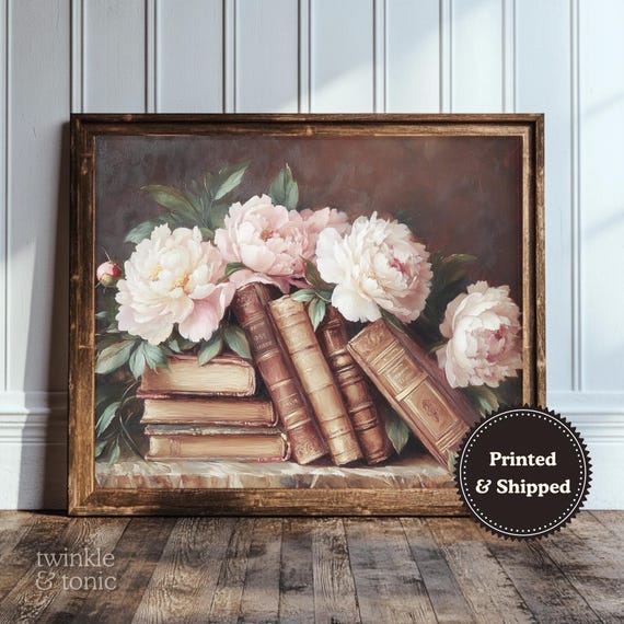 Books and Flowers Print, Moody Bookworm Poster, Vintage Library Painting, Cozy Cottagecore Decor, Light Academia Art, Printed and Shipped