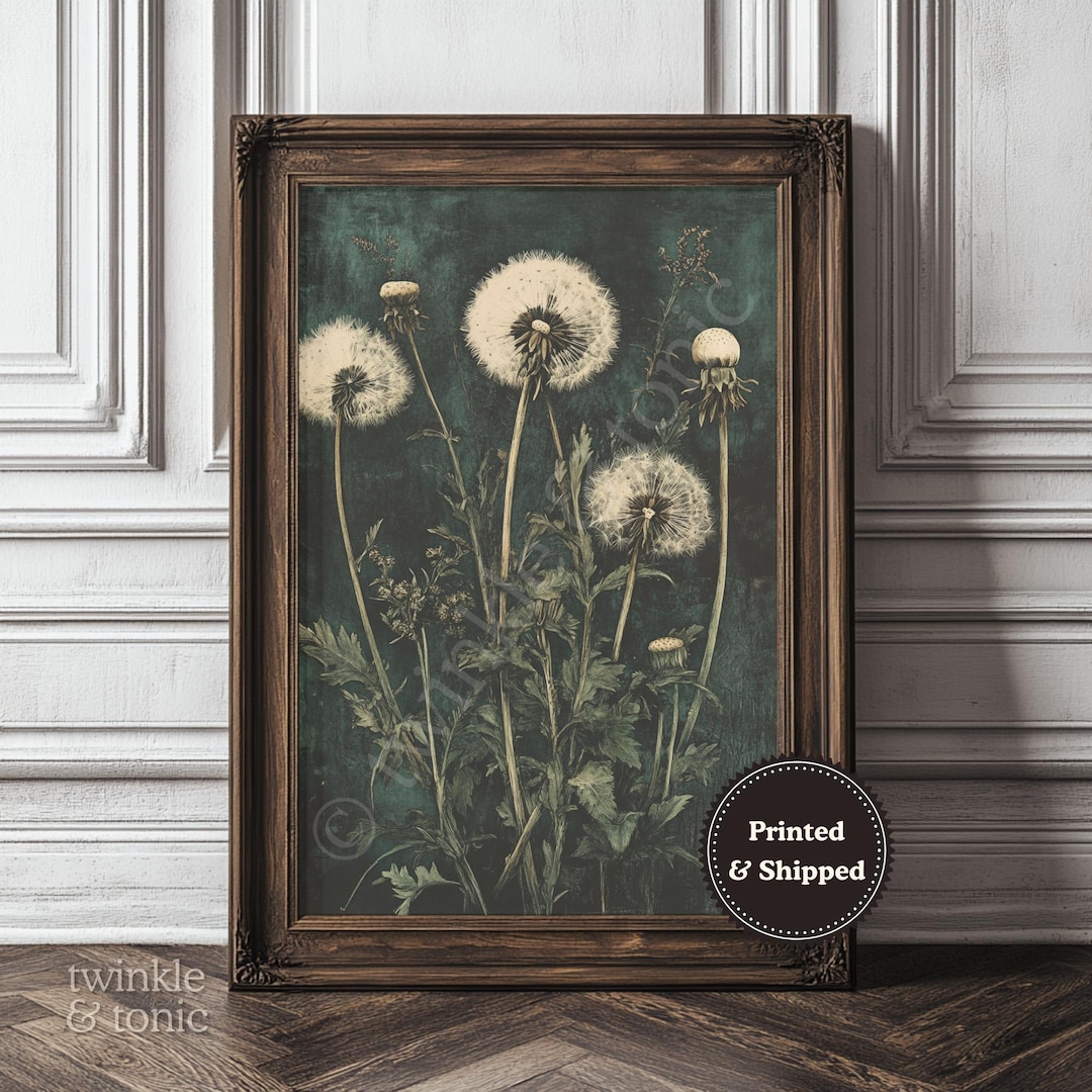 Vintage Dandelion Poster, Rustic Wildflower Art, Dark Academia Painting ...