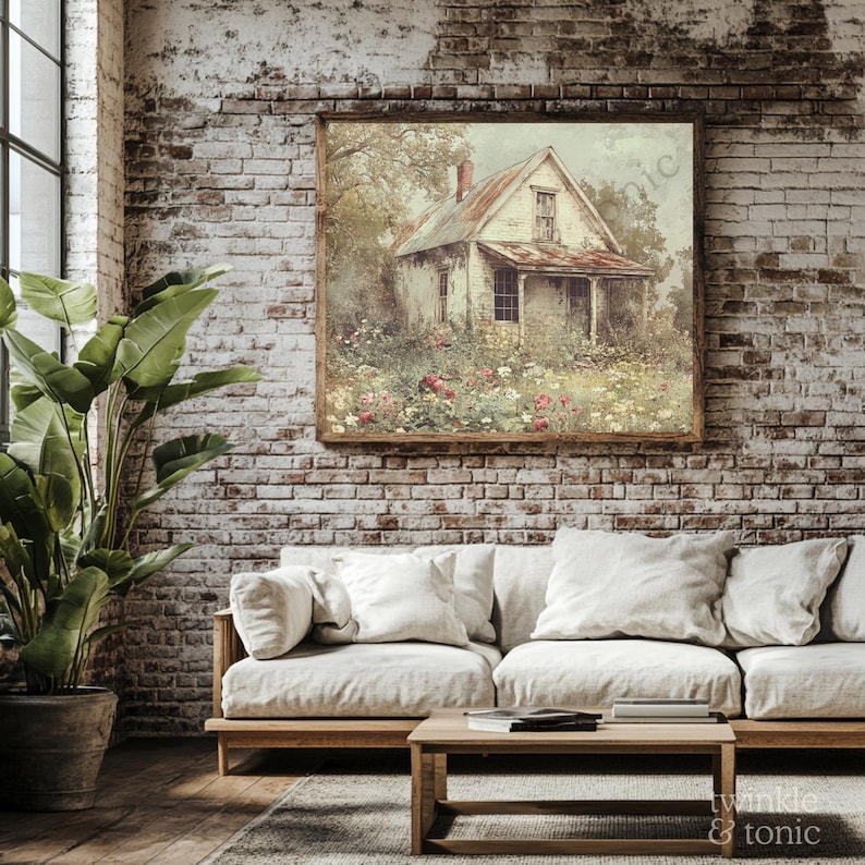 Vintage Cottage Painting, Farmhouse Wall Art, Floral Landscape Print ...