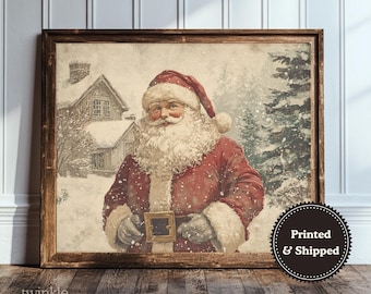 Vintage kerstmanschilderij, rustieke vakantiemuurkunst, boerderijprint, kersthuisdecoratie, gezellige winterposter, gedrukt en verzonden