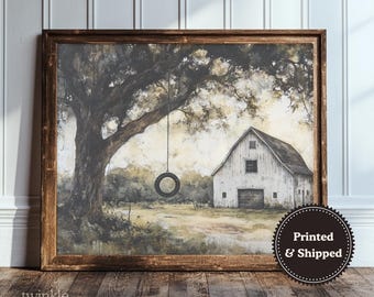 Vintage schuurposter, rustieke boerderijkunst, donker Cottagecore-schilderij, antiek landschapsdecor, humeurige muurprint, gedrukt en verzonden