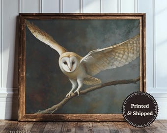 Decorazione murale vintage con gufo, arredamento per la casa Dark Academia, poster Moody Nature, stampa di uccelli gotici neutri, dipinto di animali selvatici, stampato e spedito
