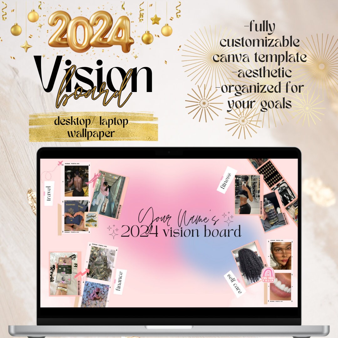 Pink Digital Vision Board Canva Template Wallpaper, Editable 2024