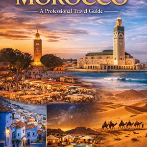 Puede incluir: Portada de una guía de viaje sobre Marruecos, con un collage de escenas. La mitad superior muestra una ciudad con un alto minarete y una mezquita junto al mar. La mitad inferior muestra una escena desértica con camellos y una ciudad. El texto dice "MOROCCO" y "A Professional Travel Guide."