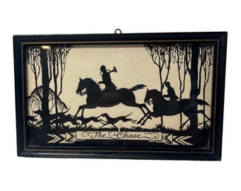Vintage Silhouette Art "The Chase" Signed Hanselmann In Black Wooden Frame 8"x4"