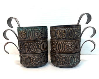 Set Of 6 Vintage Copper and Metal Handled Floral Embossed Cups or Candle Holders with Ornate Design and Rustic Patina