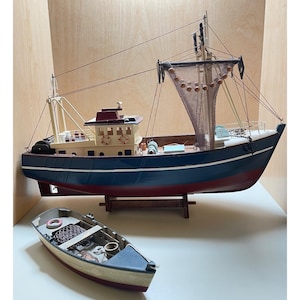 Vintage Wooden Fishing Boat Model Set with Detailing & Dinghy Coastal Decor