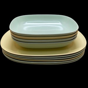 Rare Vintage Texas Ware Rectangular Melamine Plates & Bowls Set Yellow and Mint Green Durable Retro