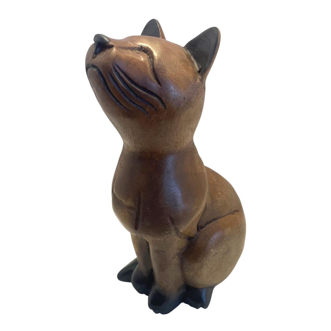 Handcrafted Wooden Cat Figurine by Mandalay Box Co. Thai Artisan Decor ...