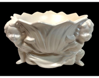 Vintage Ceramic Cherub Decorative Bowl With Scalloped Edge & Floral Motif 5" Diameter White Figurine