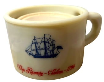 Ship Recovery Salem 1794 Ivory Milk Glass Mug With Blue Ship Graphic Vintage Anchor Hocking Fire-King