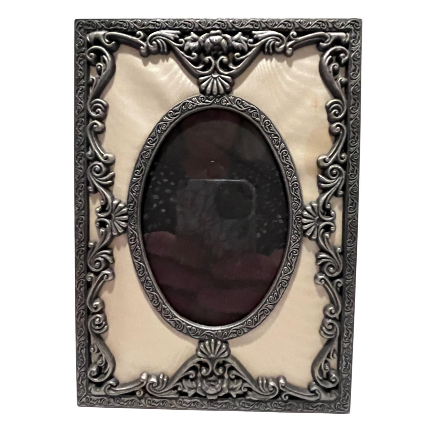 Vintage Ornate Metal & Ivory Moire Fabroc Picture Frame With Oval