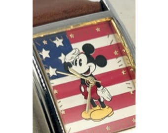 Mickey Mouse American Flag Watch with Brown Leather Band Rectangular Face & Gold-Tone Accents MUO753