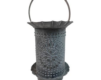 Rustic Punched Tin Electric Lantern with Handle Made in India Gray Finish Vintage-Inspired Design