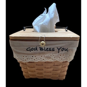 Handcrafted Wooden Tissue Box Holder With Wicker Basket & "God Bless You" Fabric Wrap