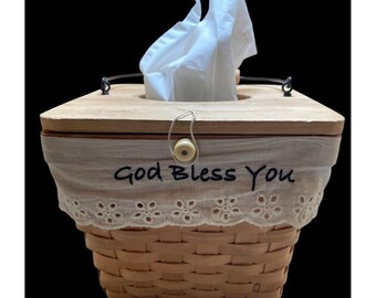 Handcrafted Wooden Tissue Box Holder With Wicker Basket & "God Bless You" Fabric Wrap