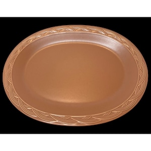 May include: A brown oval serving platter with a textured, woven-like border. The center of the platter is smooth and the color is a warm, earthy tone. The platter is designed for serving food.