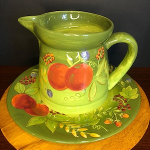 Large Gates Ware Fruit Painted Pitcher and Plate by Laurie Gates