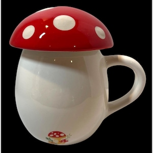 Mushroom-Inspired Ceramic Mug with Red and White Polka Dot Lid 12 Oz Streamline