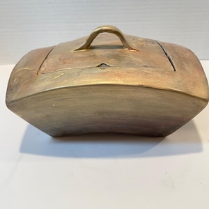 Unique Vintage Gold-Toned Lidded Pottery Box with Floral Etching & Black Interior