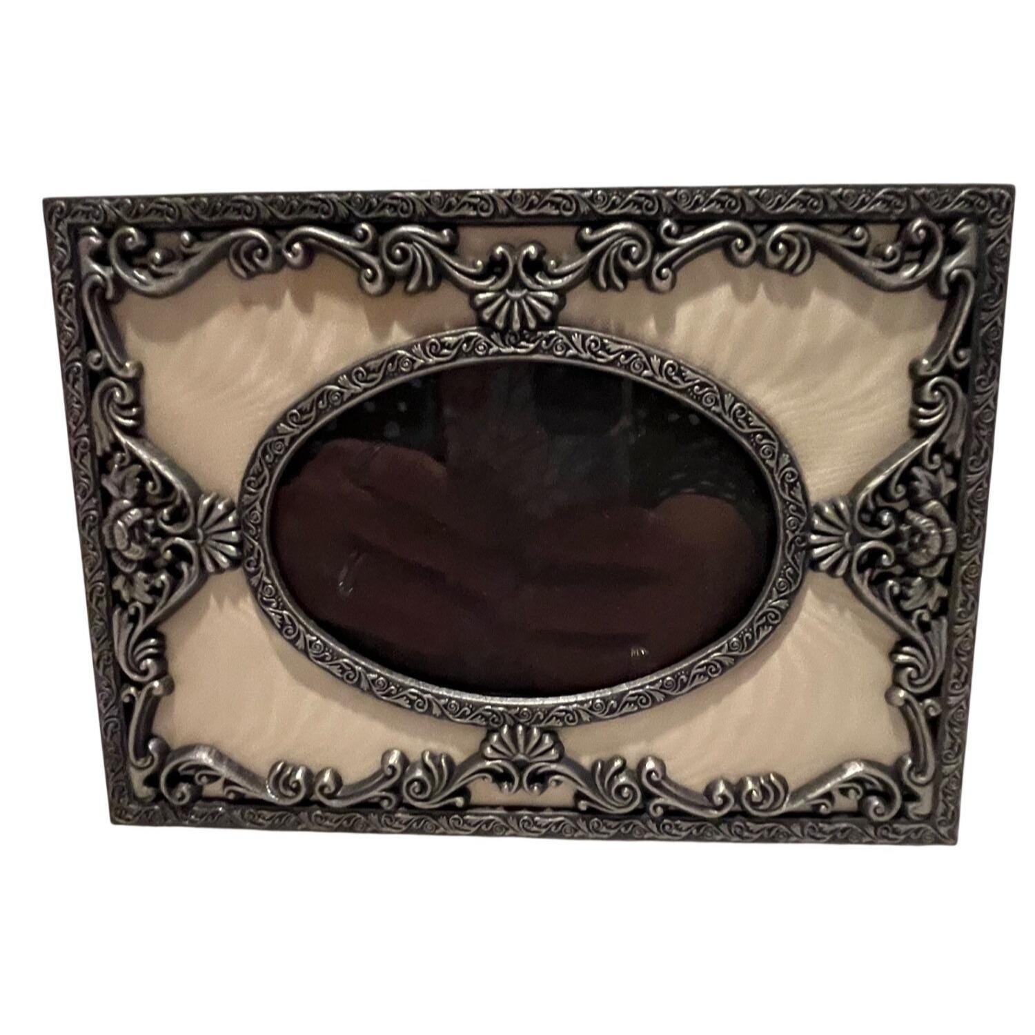 Vintage Ornate Metal & Ivory Moire Fabroc Picture Frame With Oval
