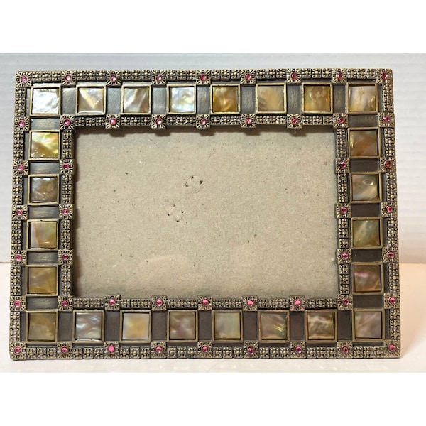 Mother Of Pearl & Rhinestone Picture Frame 5x7 Antique Brass Finish Elegant Home Décor