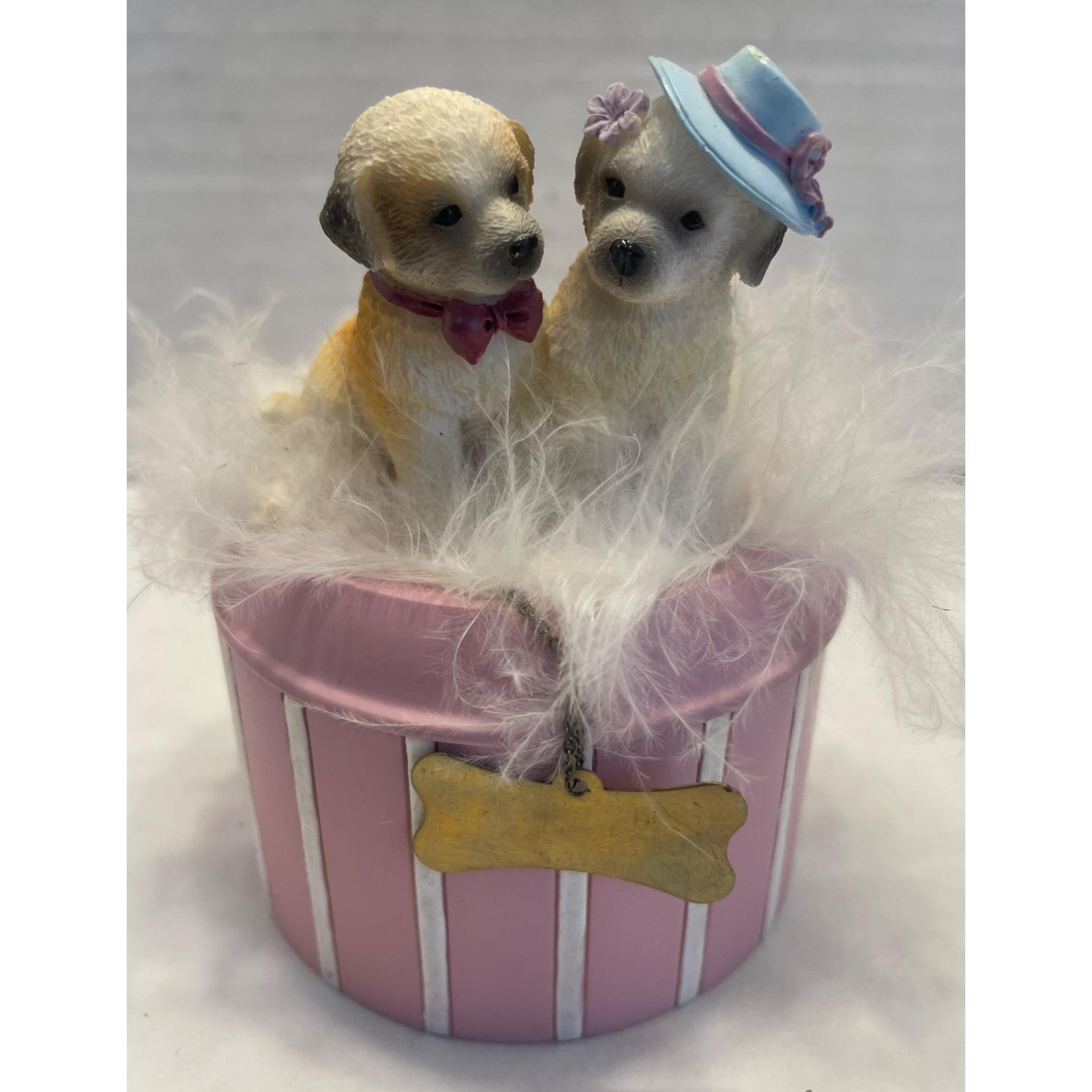 Puppy Couple Dog Ceramic Trinket Box W/fluffy Feathered Cover