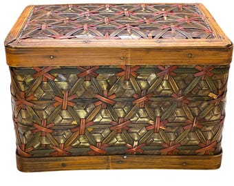 Vintage Handwoven Wooden Storage Chest With Hinged Lid & Rustic Finish