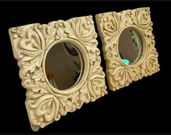Set Of 2 Ornate Square Beige Wall Mirrors With Floral Design - Vintage Style Decor