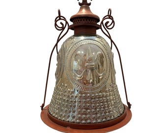 Large Vintage Copper & Glass Lantern With Fleur-De-Lis Design 22 Inch with Handle