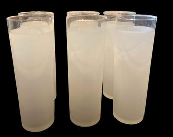 Frosted Glass Tumblers Set Of 6 - 7" Tall 3" Diameter - Clear Rim Design